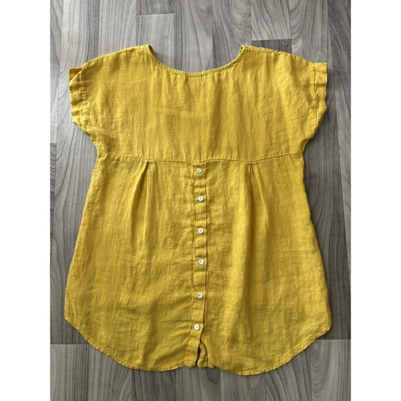 Terzo Millennio Italy Linen Tunic Size Medium Yellow Button Back Lagenlook Hi Lo - Picture 11 of 11